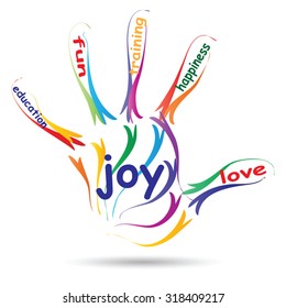 Vector concept or conceptual education hand print word cloud, white background, metaphor to child, family, school, life, learn, knowledge, home, study, teach, educational, achievement, childhood, teen