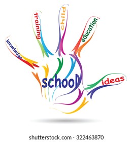Concepto vectorial o educación conceptual imprenta mano nube de palabras, fondo blanco, metáfora al niño, la familia, la escuela, la vida, el aprendizaje, el conocimiento, el hogar, el estudio, la enseñanza, la educación, el logro, la infancia, la adolescencia