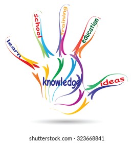 Vector concept or conceptual education hand print word cloud, white background, metaphor to child, family, school, life, learn, knowledge, home, study, teach, educational, achievement, childhood, teen