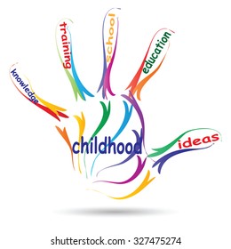 Vector concept or conceptual education hand print word cloud, white background, metaphor to child, family, school, life, learn, knowledge, home, study, teach, educational, achievement, childhood, teen