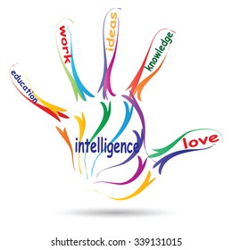 Concepto vectorial o educación conceptual imprenta mano nube de palabras, fondo blanco, metáfora al niño, la familia, la escuela, la vida, el aprendizaje, el conocimiento, el hogar, el estudio, la enseñanza, la educación, el logro, la infancia, la adolescencia