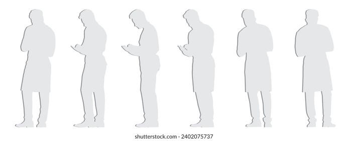 Vektor-Konzept konzeptuell graues Papier schneiden Silhouette eines männlichen Kellners, wobei eine Reihenfolge aus verschiedenen Perspektiven einzeln auf weißem Hintergrund. Eine Metapher für Arbeit, Business und Lifestyle