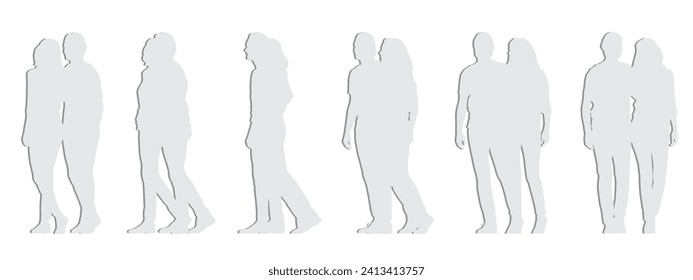 Vektor-Konzept konzeptuell graues Papier schneiden Silhouette von einem Paar aus verschiedenen Perspektiven einzeln auf weißem Hintergrund. Eine Metapher für Liebe, Glück, Beziehung, Familie und Lebensstil