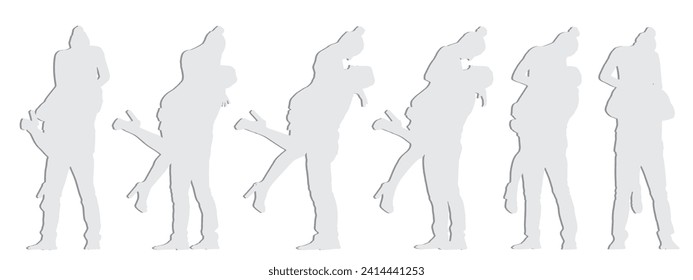 Vector concept conceptual gray paper cut silhouette of a couple embracing from different perspectives isolated on white background. A metaphor for love, happiness, relationship, marriage and lifestyle