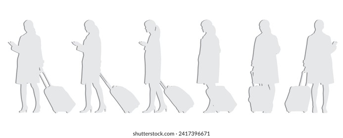 Concepto vectorial papel gris conceptual corte silueta de una mujer con carrito parado desde diferentes perspectivas aisladas en blanco. Una metáfora para viajar, vacaciones, negocios y estilo de vida