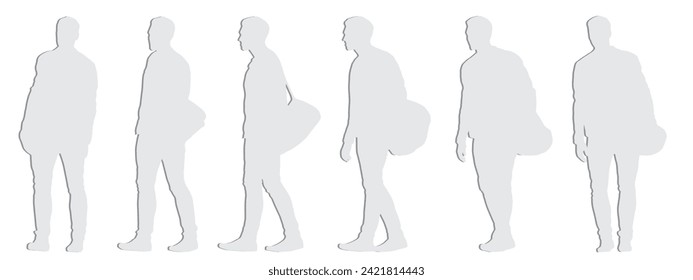 Vektor-Konzept konzeptuell graues Papier schneiden Silhouette eines Mannes mit einem Duffelbeutel aus verschiedenen Perspektiven einzeln auf weißem Hintergrund. Eine Metapher für Sport, Fitness, Reisen und aktiven Lebensstil