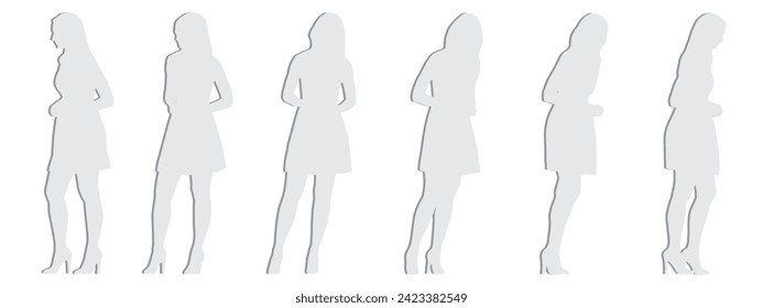 Vektor-Konzept konzeptuell graues Papier schneiden Silhouette einer jungen Frau aus verschiedenen Perspektiven einzeln auf weißem Hintergrund. Eine Metapher für Jugend, Freizeit, Freizeit und Lifestyle