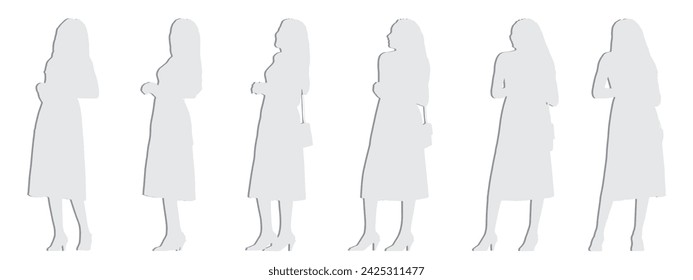 Vector concept conceptual gray paper cut silhouette of a casually dressed woman walking from different perspectives isolated on white. A metaphor for relaxation, comfortable, practical and lifestyle