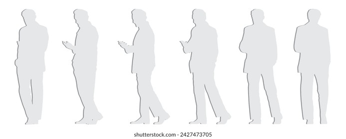 Vektor-Konzept konzeptuelle graue Papier geschnitten Silhouette eines Mannes, der sein Telefon aus verschiedenen Perspektiven auf weißem Hintergrund überprüft. Metapher für Kommunikation, Verbindung, Freizeit und Lifestyle