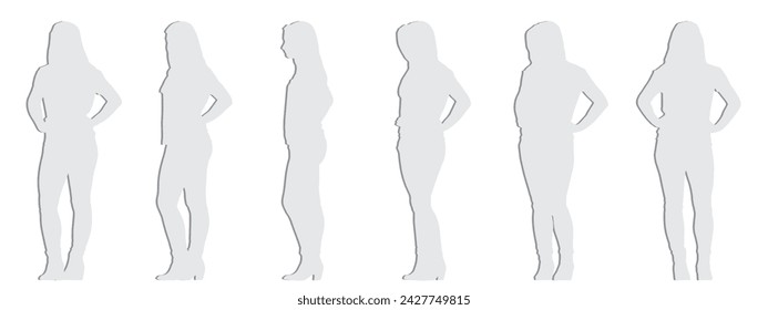 Vector concept conceptual  gray paper cut  silhouette of a casually dressed woman standing from different perspectives isolated. A metaphor for relaxation, comfortable, practical and lifestyle