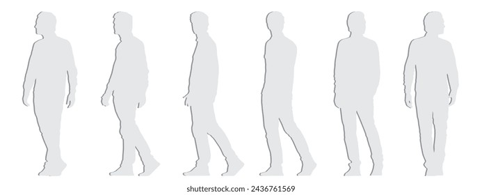 Vector concept conceptual  gray paper cut silhouette of an young man walking from different perspectives isolated on white. A metaphor for casual, fashion, relaxation, leisure and lifestyle