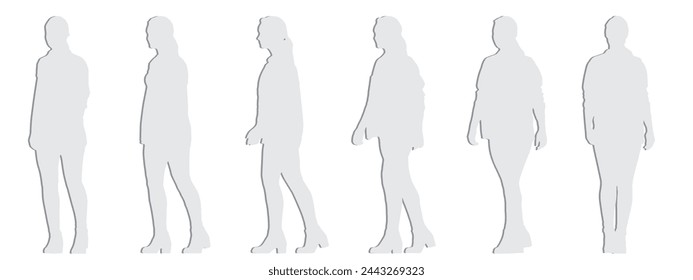 Vector concept conceptual gray paper cut silhouette of a woman walking from different perspectives isolated on white background. A metaphor for relaxation, comfortable, practical and lifestyle