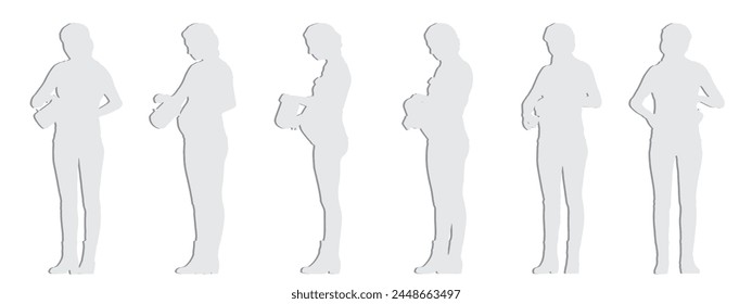 Vector concept conceptual gray paper cut silhouette of a pregnant woman pouring water into a cup from different perspectives isolated on white. A metaphor for relaxation, care, leisure and motherhood