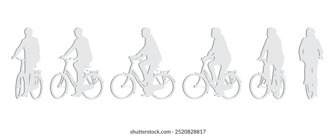 Vector concept or conceptual gray paper cut silhouette of a woman riding a bicycle from different perspectives isolated on white background. A metaphor for health, fitness, work, leisure and lifestyle