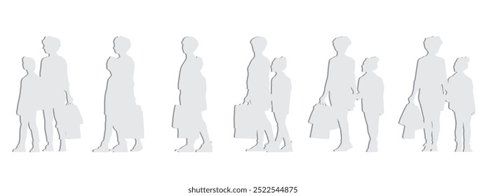 Vector concept conceptual gray paper cut silhouette of a mother with her daughter shopping from different perspectives. A metaphor for parenting, motherhood, childhood, family, connection and love