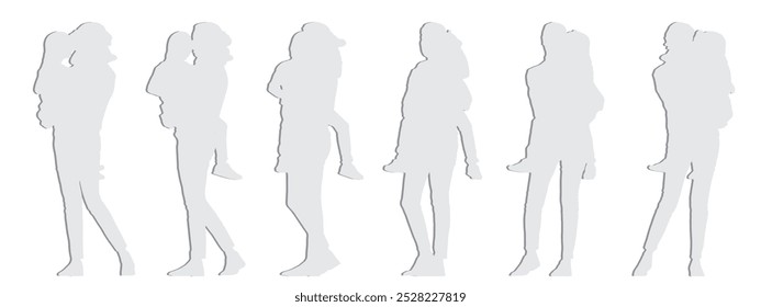 Vector concept conceptual gray paper cut silhouette of a mother carrying her daughter from different perspectives isolated on white background. Metaphor for parenting, motherhood, childhood or family