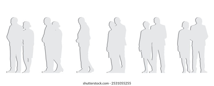Vector concept conceptual gray paper cut silhouette of an elderly couple walking, from different perspectives isolated on white. A metaphor for love, relationship, lifetime, peace and lifestyle