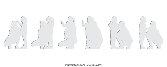 Vector concept conceptual gray paper cut silhouette of a mother talking with her daughter from different perspectives isolated. A metaphor for parenting, motherhood, childhood, family and love