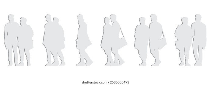 Vector concept conceptual gray paper cut silhouette of two young men with shoulder bags from different perspectives isolated. A metaphor for youth, learning, education, friendship and lifestyle