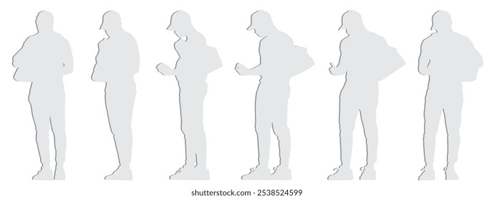 Vector concept conceptual  gray paper cut silhouette of a young man carrying a duffel bag checking his messages from different perspectives isolated. A metaphor for sport, fitness active lifestyle
