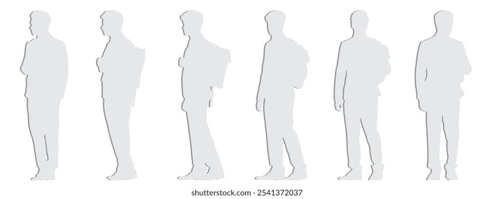 Vector concept conceptual gray paper cut silhouette of a young man with a backpack from from different perspectives isolated on white background. A metaphor for youth, learning, education an lifestyle