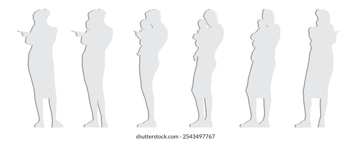 Vector concept conceptual gray paper cut silhouette of a mother helping her daughter getting dress from different perspectives isolated. Metaphor to parenting, motherhood, childhood, family and love