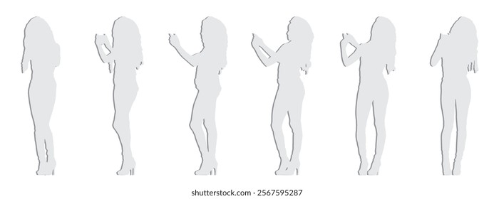 Vector concept conceptual gray paper cut silhouette of a woman taking a selfie  isolated on white background. A metaphor for beauty, fashion, leisure, technology, trend, social media and lifestyle