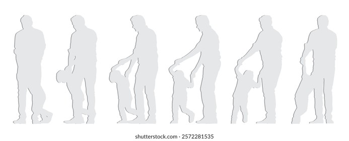 Vector concept conceptual  gray paper cut silhouette of a father playing with his  son from different perspectives isolated on white. A metaphor for parenting, fatherhood, childhood, family and love