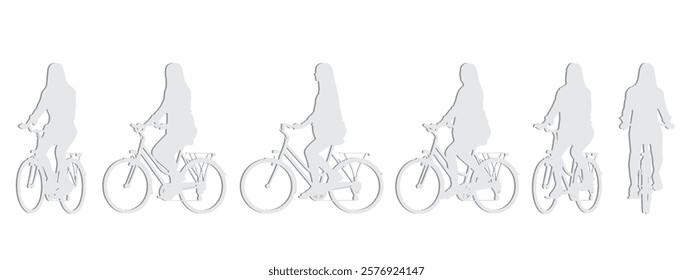 Vector concept conceptual gray paper cut silhouette of a woman riding a bicycle from different perspectives isolated on white background. Metaphor for sport, fitness, health, transport and leisure