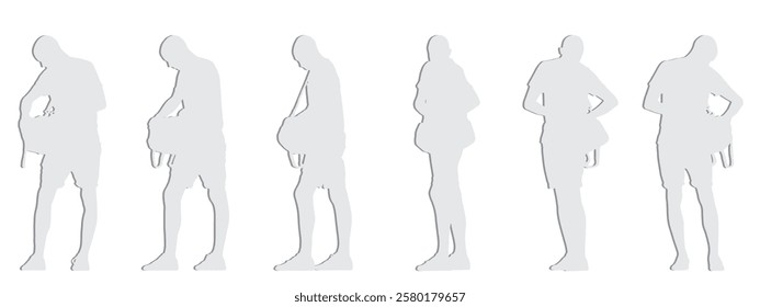 Vector concept conceptual gray paper cut silhouette of a man carrying a duffel bag from different perspectives isolated on white background. A metaphor for sport, fitness, travel and active lifestyle