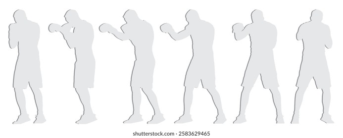 Vector concept or conceptual gray paper cut silhouette of male boxer training from different perspectives isolated on white background. Metaphor to sport, power, competition, perseverance or lifestyle