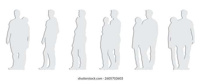 Vector concept conceptual gray paper cut silhouette of a young couple holding each other from different perspectives isolated on white. A metaphor for love, happiness, relationship and lifestyle