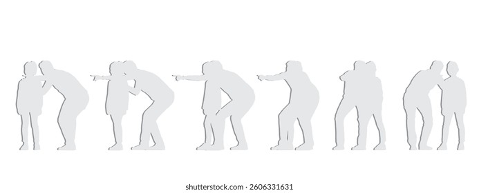 Vector concept conceptual gray paper cut silhouette of a father playing with his daughter from different perspectives isolated on white. A metaphor for parenting, fatherhood, childhood, family, love