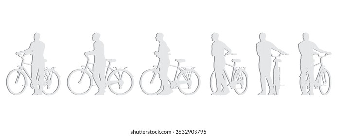 Vector concept conceptual gray paper cut silhouette of a man riding a bicycle from different perspectives isolated on white. A metaphor for sport, fitness, competition, health, leisure and lifestyle