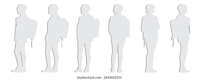 Vector concept conceptual gray paper cut silhouette of a school girl with her backpack from different perspectives isolated on white background. A metaphor for education, knowledge, childhood
