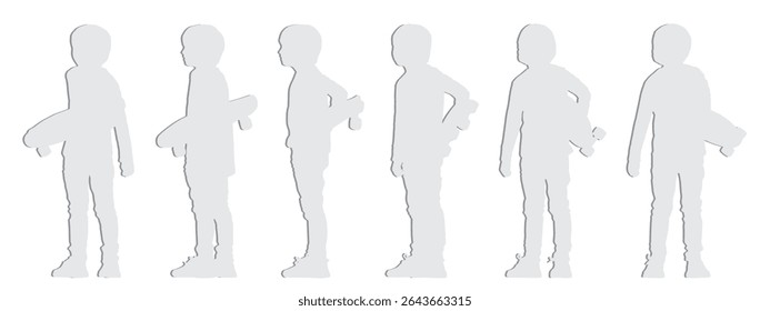 Vector concept conceptual gray paper cut silhouette of a boy holding a skateboard in hands  from different perspectives isolated on white background. A metaphor for fun, playing and childhood