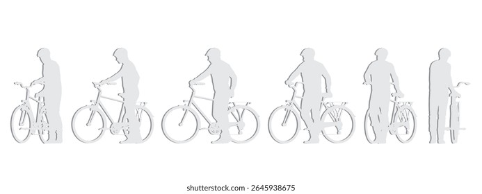 Vector concept conceptual gray paper cut silhouette of a man riding a bicycle from different perspectives isolated on white background. A metaphor for sport, competition, health, leisure and lifestyle