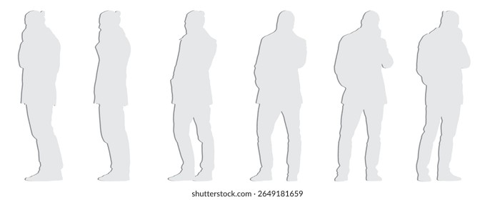 Vector concept conceptual gray paper cut silhouette of man talking on the phone from different perspectives isolated on white background.A metaphor for communication, connection, leisure and lifestyle
