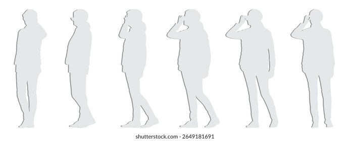 Vector concept conceptual gray paper cut silhouette of a woman with  glasses walking from different perspectives isolated on white. A metaphor for relaxation, comfortable, practical and lifestyle
