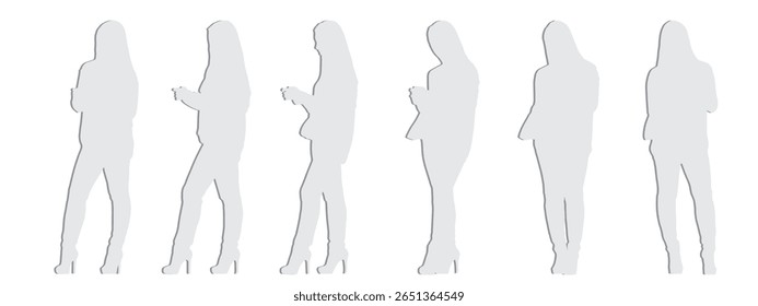  Vetor conceito conceitual cinza papel corte silhueta de uma mulher verificando seu telefone a partir de diferentes perspectivas isoladas em branco . Uma metáfora para comunicação, conexão, lazer e estilo de vida