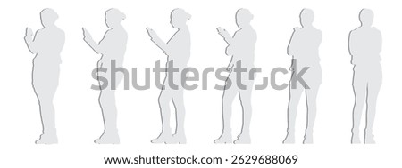 Vector concept conceptual gray paper cut silhouette of a young woman checking her phone from different perspectives isolated on white background. A metaphor for communication, connection, leisure .