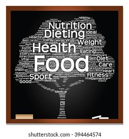 Vector concept or conceptual green blackboard text word cloud or tagcloud tree isolated background, metaphor to health, nutrition, diet, healthy, wellness, body, energy, medical, sport, heart, science