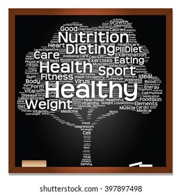Vector concept or conceptual green blackboard text word cloud or tagcloud tree isolated background, metaphor to health, nutrition, diet, healthy, wellness, body, energy, medical, sport, heart, science