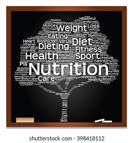 Vector concept or conceptual green blackboard text word cloud or tagcloud tree isolated background, metaphor to health, nutrition, diet, healthy, wellness, body, energy, medical, sport, heart, science