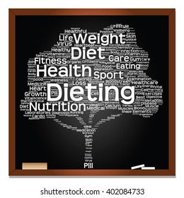 Concepto vectorial o pizarra de texto verde conceptual palabra nube o árbol tagcloud fondo aislado, metáfora a la salud, nutrición, dieta, salud, bienestar, cuerpo, energía, medicina, deporte, corazón, ciencia