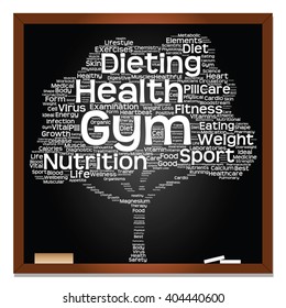 Vector concept or conceptual green blackboard text word cloud or tagcloud tree isolated background, metaphor to health, nutrition, diet, healthy, wellness, body, energy, medical, sport, heart, science