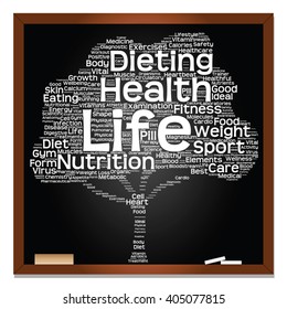 Vector concept or conceptual green blackboard text word cloud or tagcloud tree isolated background, metaphor to health, nutrition, diet, healthy, wellness, body, energy, medical, sport, heart, science