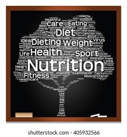 Vector concept or conceptual green blackboard text word cloud or tagcloud tree isolated background, metaphor to health, nutrition, diet, healthy, wellness, body, energy, medical, sport, heart, science