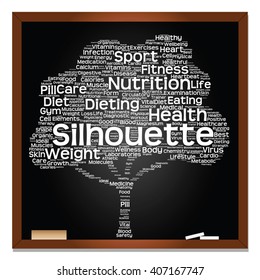 Concepto vectorial o pizarra de texto verde conceptual palabra nube o árbol tagcloud fondo aislado, metáfora a la salud, nutrición, dieta, salud, bienestar, cuerpo, energía, medicina, deporte, corazón, ciencia