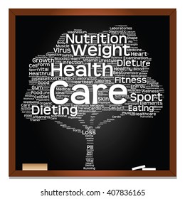 Concepto vectorial o pizarra de texto verde conceptual palabra nube o árbol tagcloud fondo aislado, metáfora a la salud, nutrición, dieta, salud, bienestar, cuerpo, energía, medicina, deporte, corazón, ciencia